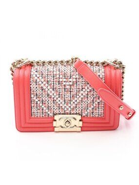 Chanel Shoulder Bag Boy Small Coral Pink White Fabric Leather Boy Stitch Pearl